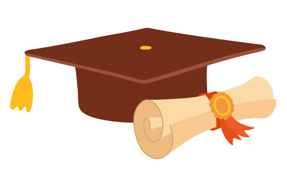 Graduation cap and diploma with seal. Vector illustration for education, college and academic achievement designs.