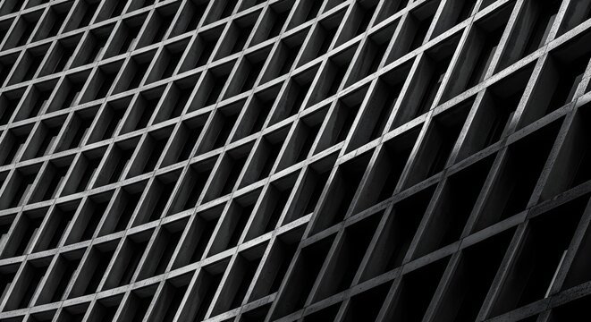 Modern Architectural Geometry curved black and white facade with repetitive grid patterns and deep shadows ideal for corporate backgrounds and urban design presentations.