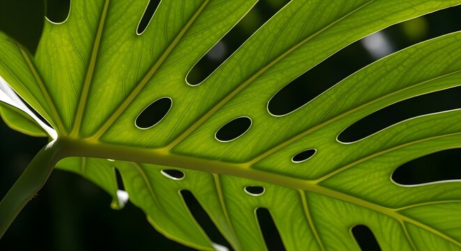 Vibrant Monstera Leaf Macro backlit green foliage with intricate vein patterns and natural fenestrations ideal for botanical backgrounds and tropical nature themes.
