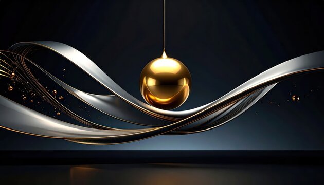 Abstract golden sphere hanging over flowing metallic silver waves
