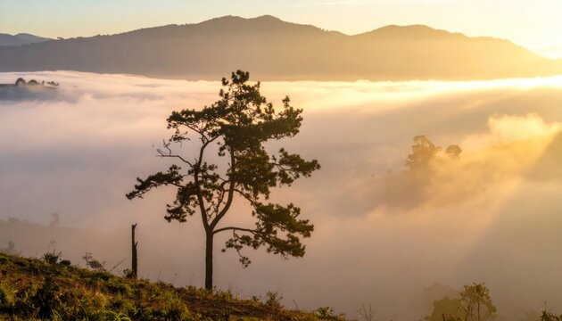 Lone tree on hillside above misty mountain valley at sunrise