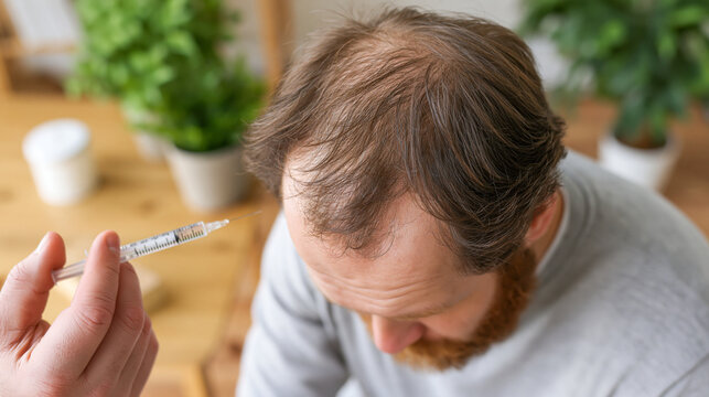 Medical professional holding a syringe near a man with hair loss