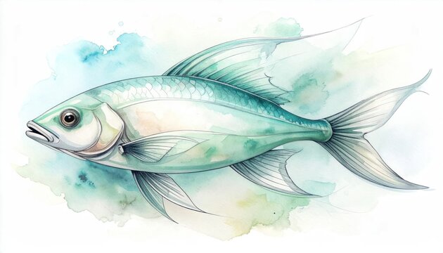 Watercolor illustration of a silver tropical fish on white background