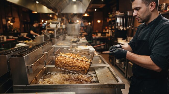 Professional chef preparing crispy french fries in a commercial deep fryer at a busy restaurant kitchen