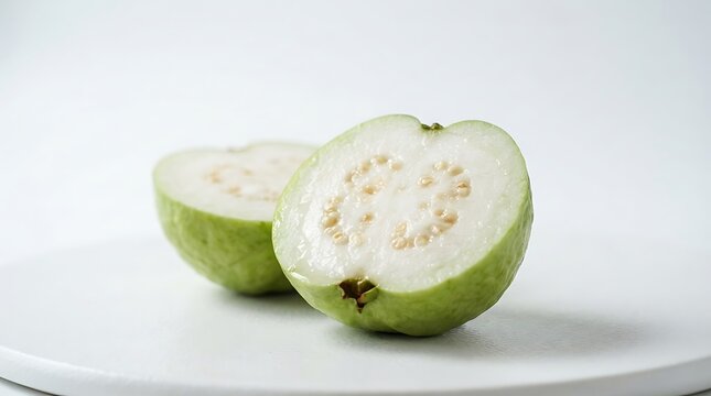 Fresh white guava fruit cut in halves on a white plate with tropical