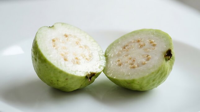 Fresh halved guava fruit on a white plate with cut fruit