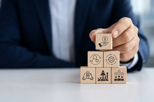 Sustainable Profit Business Strategy. Business professional building sustainable profit through customer loyalty, operational excellence, innovation, employee engagement and long-term business growth.