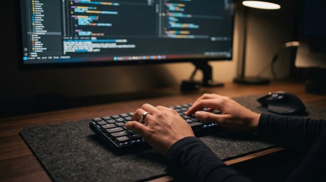 Person typing on a mechanical keyboard with code on screen
