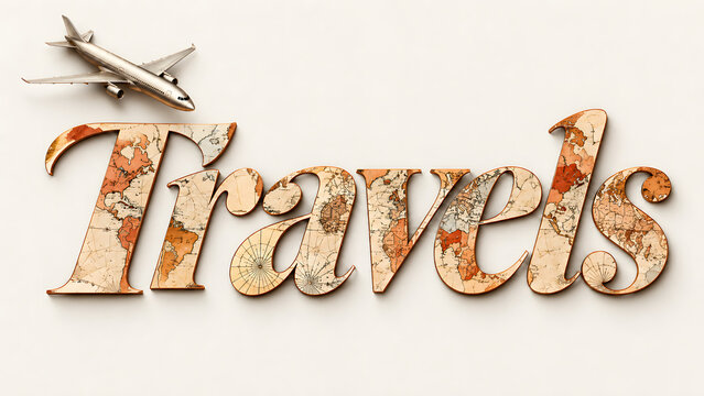 Travels word typography with vintage world map texture and silver airplane on white background