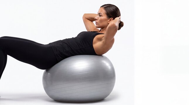Young woman performing a crunch exercise on a silver stability ball against a white background. She wears black athletic leggings and a black sports top while engaging her core muscles.