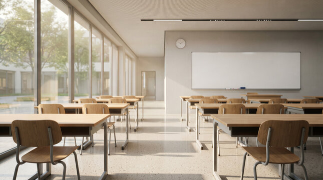Modern empty classroom with wooden chairs and tables and large windows