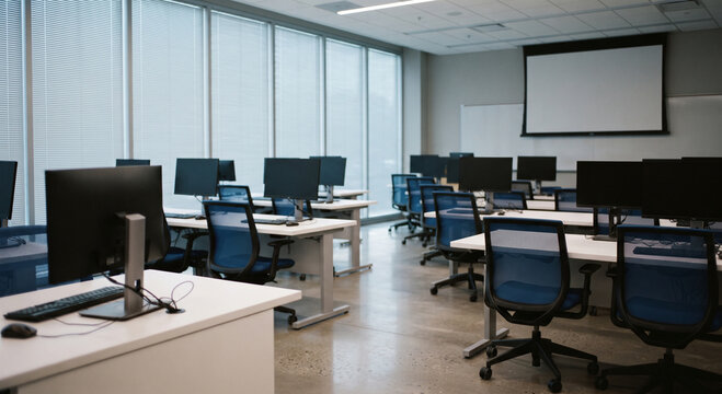 Modern computer lab or IT classroom with desks and blue chairs