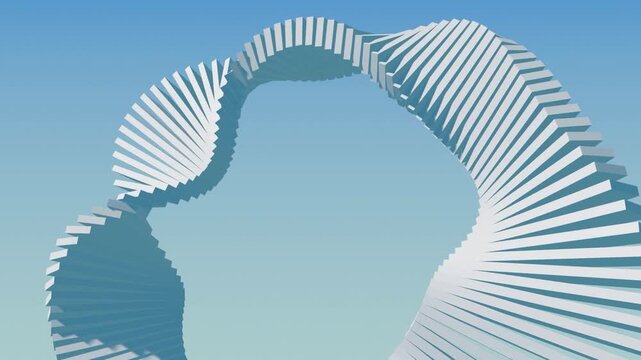 3D white twisting slat ring rotating on blue gradient background loop
