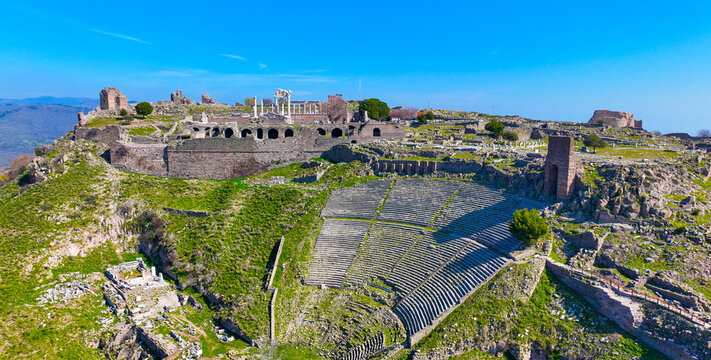 Aerial drone shooting of ancient city of Pergamon acropolis. Izmir - Turkey