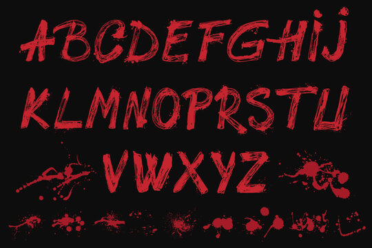 Halloween Red Grunge Brush Painted Alphabet with Hand Drawn Scribble Lines and Bloody Stains. Uppercase rough spooky lettering. Handmade paintbrush capital letters vector font for posters, invitations