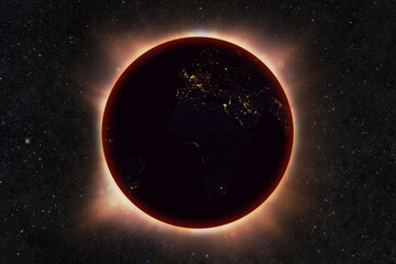 Fototapeta premium Total solar eclipse over planet Earth view from space with glowing bright corona edge, city lights on night surface, dark continents, deep space starry sky background, universe astrophysics concept.