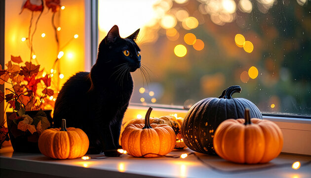 A black cat sits beside small orange pumpkins and glowing string lights on a cozy window sill