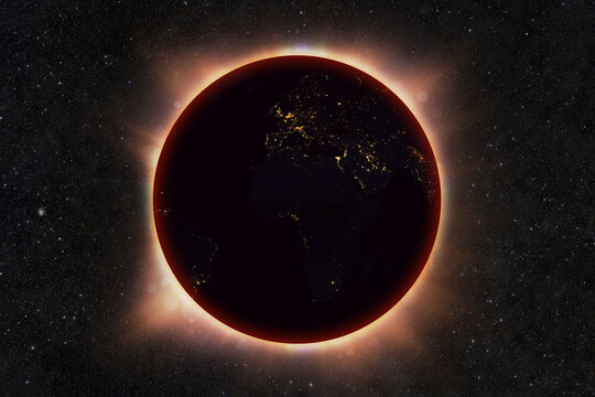Total solar eclipse over planet Earth view from space with glowing bright corona edge, city lights on night surface, dark continents, deep space starry sky background, universe astrophysics concept.