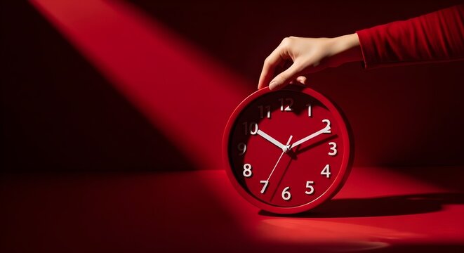 Time Management Concept featuring a hand reaching for a red round clock under dramatic spotlight on a red background, ideal for productivity blogs and deadline pressure articles.