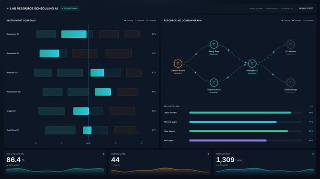 Futuristic 4k lab resource scheduling ai dashboard interface with operational charts, for data analytics, automated process optimization, scientific management systems