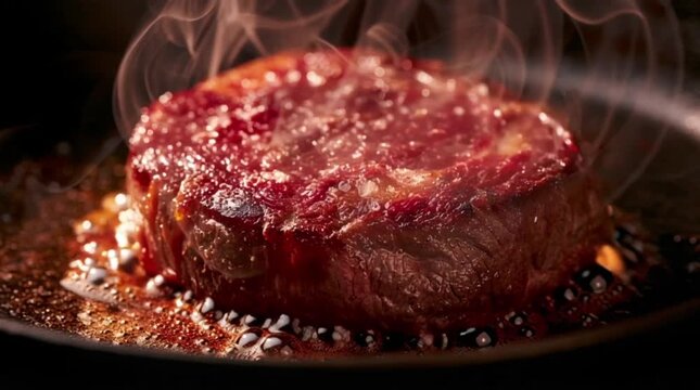 Juicy ribeye steak sizzling on hot skillet with smoke and melting butter, close up macro