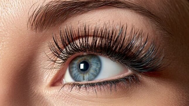 Extreme close up of blue eye opening with long eyelash extensions, macro beauty shot