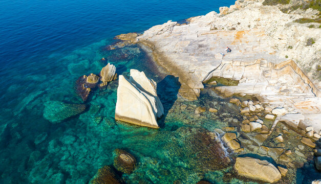 Drone photograph in the field of sail rocks in Foca district of Izmir province. Yelkenkaya - Foca