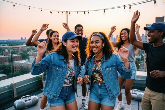 Un grupo multirracial de j&oacute;venes amigos se balancea y vitorea en una terraza, compartiendo auriculares y altavoces port&aacute;tiles que laten al ritmo de una canci&oacute;n animada