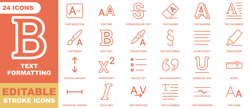 Orange outline icon set for text formatting and word processing including font size, bold, italics, alignment, and spacing symbols on white background