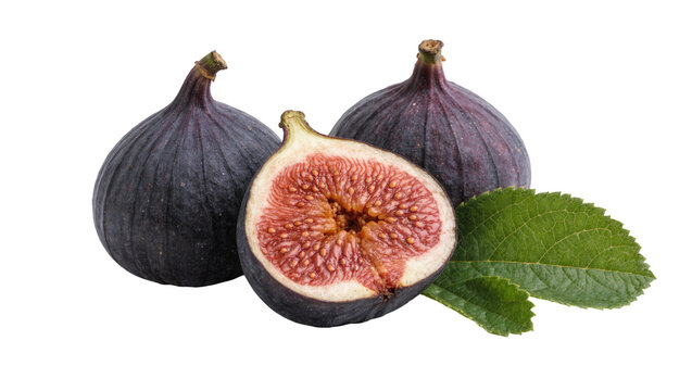 Dark purple figs one cut in half revealing juicy pink flesh with green leaves, isolated on transparent background
