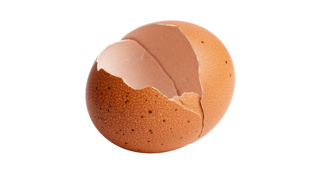 Broken brown speckled eggshell empty and cracked, isolated on transparent background