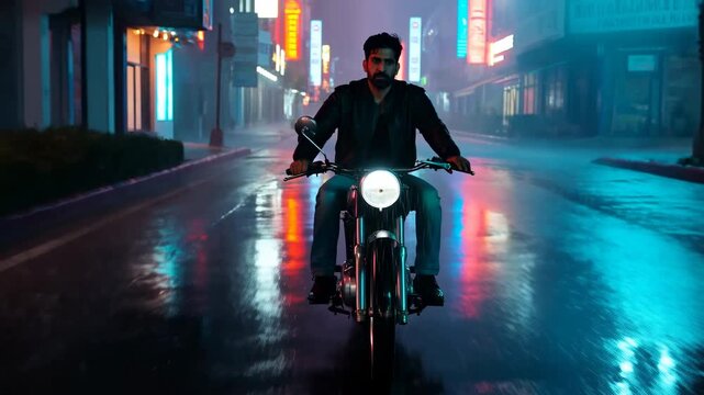 Motorcycle rider travels along wet neon-lit city street at night, facing camera with bright headlight glowing as colorful storefront reflections stretch across pavement