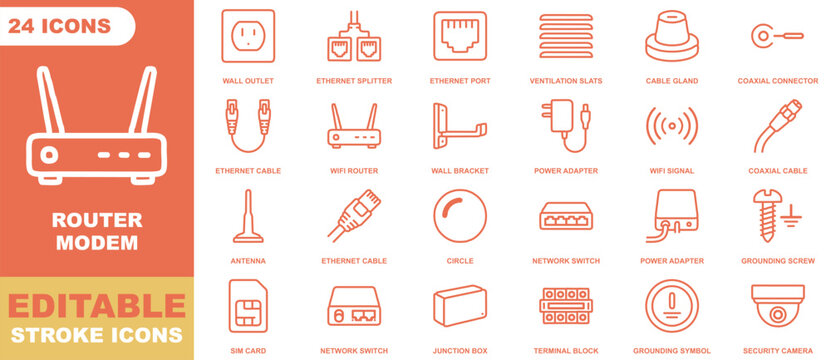 Router modem editable stroke icons sheet with 24 network and hardware symbols, including ethernet cable, wireless network router, power adapter, and security camera