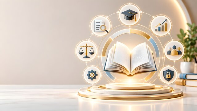 Digital education knowledge base concept with glowing open book and floating icons representing legal compliance research and online learning