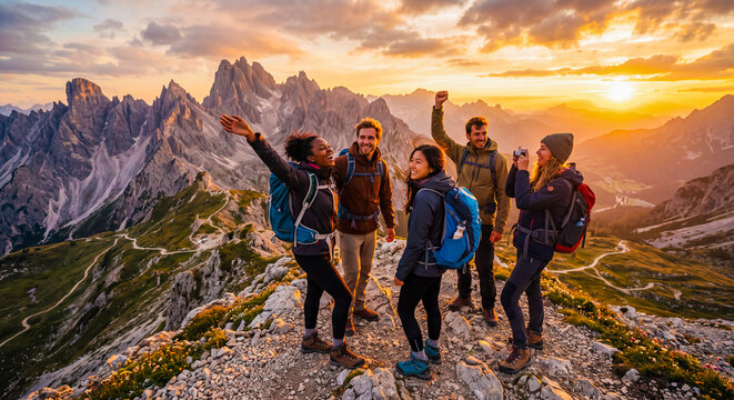 A group of friends enjoying a sunrise on a mountain ridge. Group of diverse hikers celebrating at sunrise on a mountain peak
