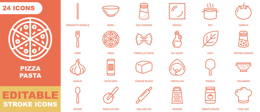 Sheet of twenty-four orange pizza and pasta icons with editable stroke outlines on a white background