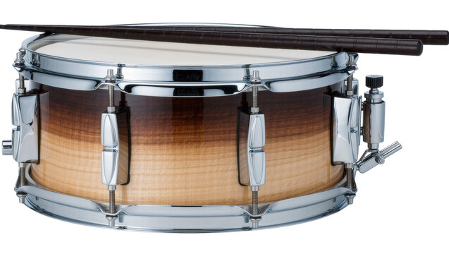 Wooden snare drum with chrome hardware and drumsticks, isolated on transparent background