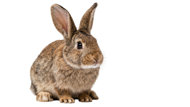 Fluffy brown rabbit sitting attentively, isolated on transparent background