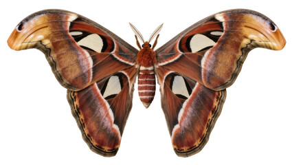 Atlas moth with intricate brown and white wing patterns, isolated on transparent background © Timo