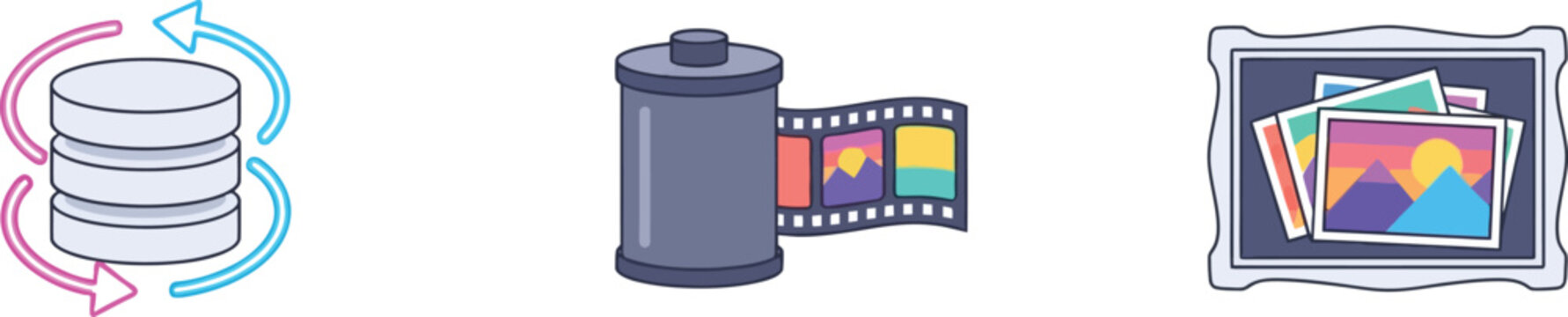 Creative photography icons set featuring digital cloud database backup camera film roll and framed gallery pictures