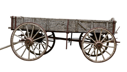 Rustic wooden wagon with large spoked wheels, isolated on transparent background © Timo