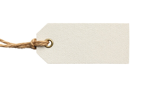 Blank textured paper gift tag with jute string, isolated on transparent background