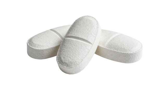 Three white oval pills with scored lines, isolated on transparent background