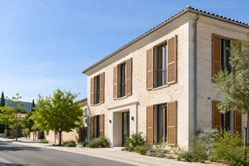 Fototapeta premium Exterior window shutters on pale masonry building