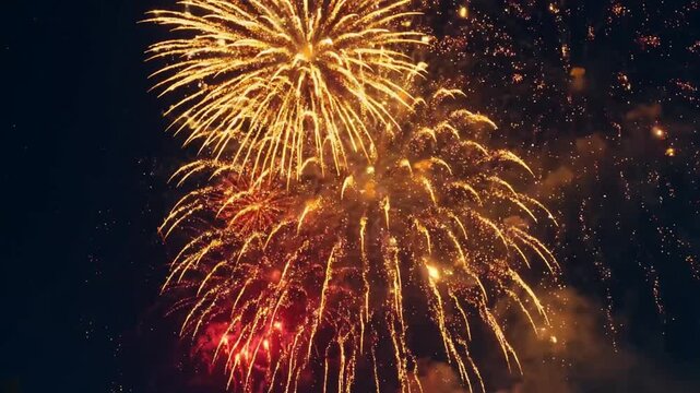 Golden willow fireworks cascading across the night sky in slow motion seamless loop for wedding finales New Year and luxury events