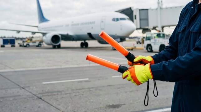 Aircraft marshaller holding signal wands on airport runway. Ground crew directing airplane on tarmac. Aviation safety and flight navigation concept