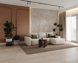 Bright contemporary living room interior with curved cream sofa, coffee table, green houseplants, floral wall mural and terracotta accents, natural daylight from window, 3D render © Мар'яна Борщун