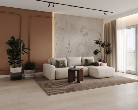 Bright contemporary living room interior with curved cream sofa, coffee table, green houseplants, floral wall mural and terracotta accents, natural daylight from window, 3D render
