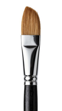 Angled fluffy brown makeup brush with silver ferrule and black handle, isolated on transparent background