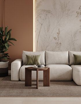 Cozy living room with soft cream sofa, pillows, wooden side table and potted plants against floral mural and terracotta wall, warm earthy interior design, 3D render